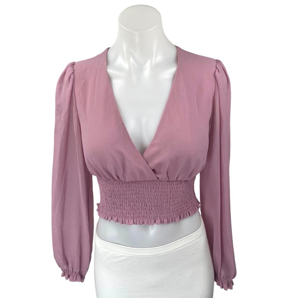 Aritzia Wilfred Pink Long Balloon Sleeve Deep V Neck Smocked Blouse Crop Top XS